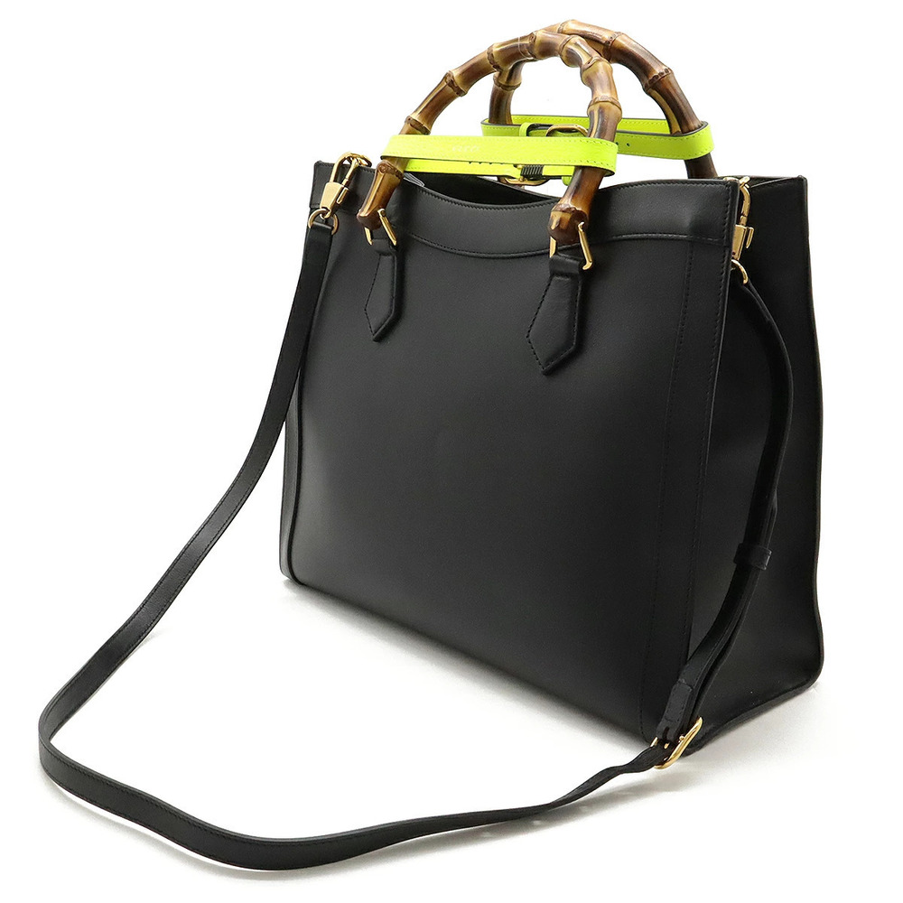 Gucci Tote Handbag Leather Handle Shoulder Black Top Bag Bamboo Diana Black